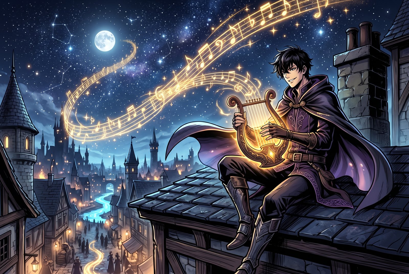Dark Asesino playing lyre on a rooftop