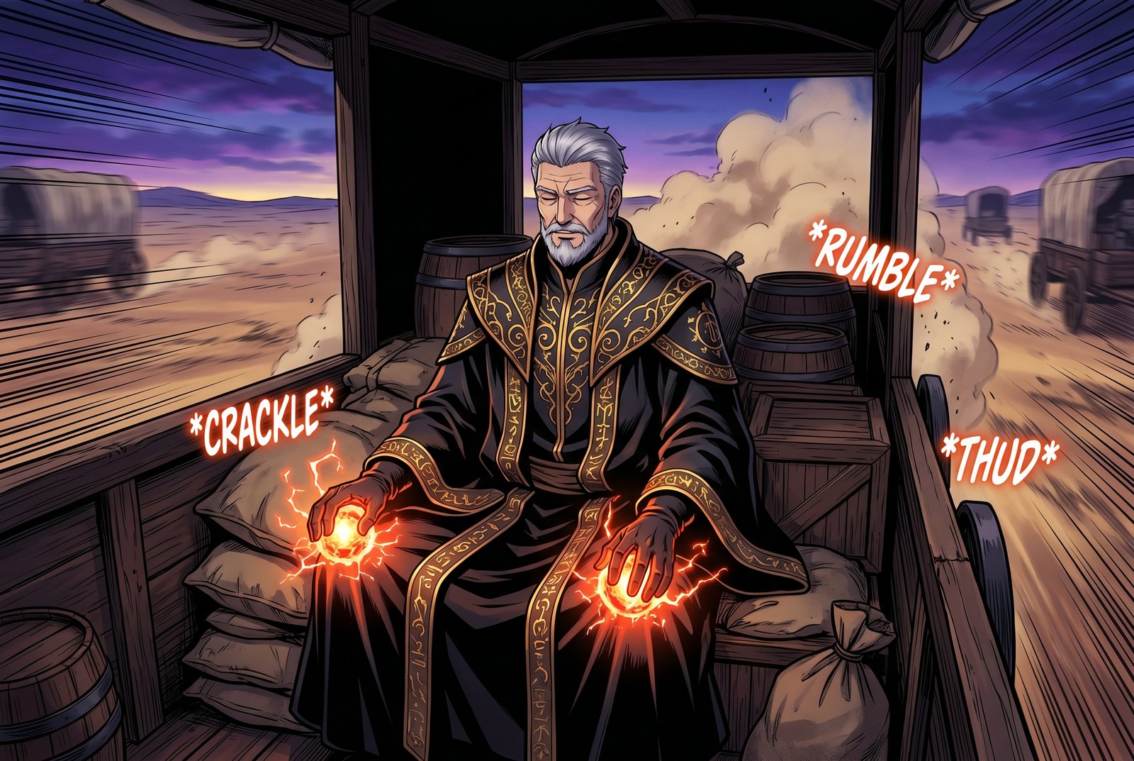 Odin charges fireballs at the rear of the caravan